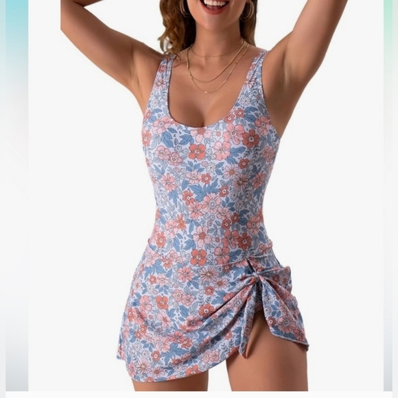 Eomenie One Piece Swimdress Swimsuits Tummy Control Orange Floral Print Size 22W - Picture 2 of 16